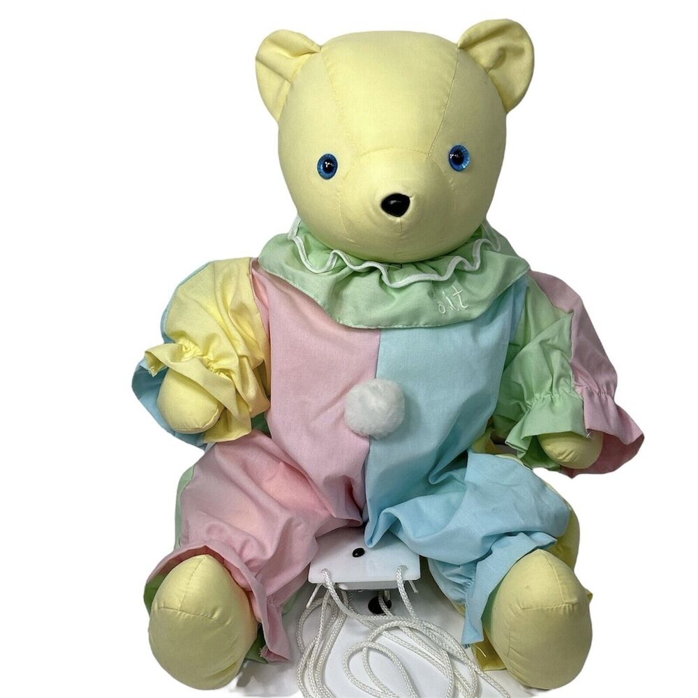 Pastel Teddy Bear Blue Eyes Clown Collar Plush Stuffed Toy Wind Up Music Lullaby